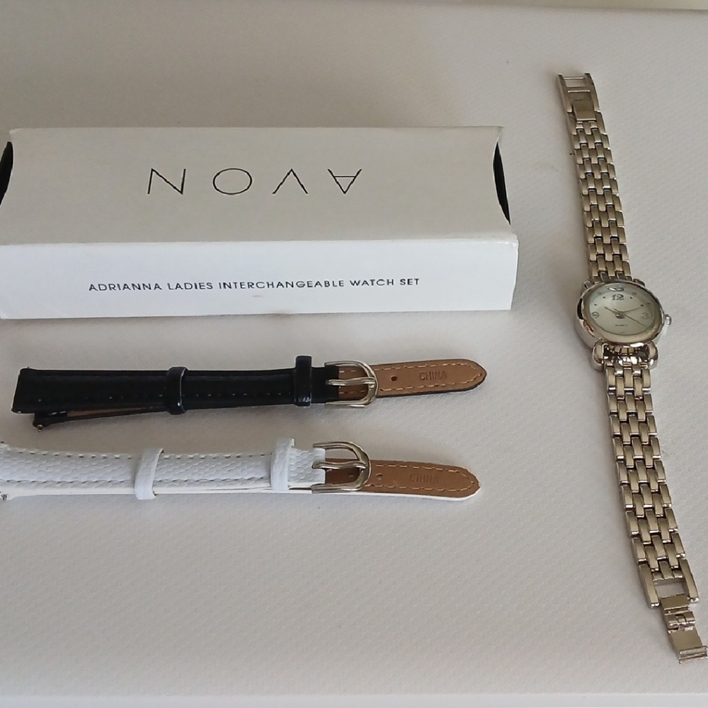 Avon Ladies Silver-Tone Watch with Black and White Bands New